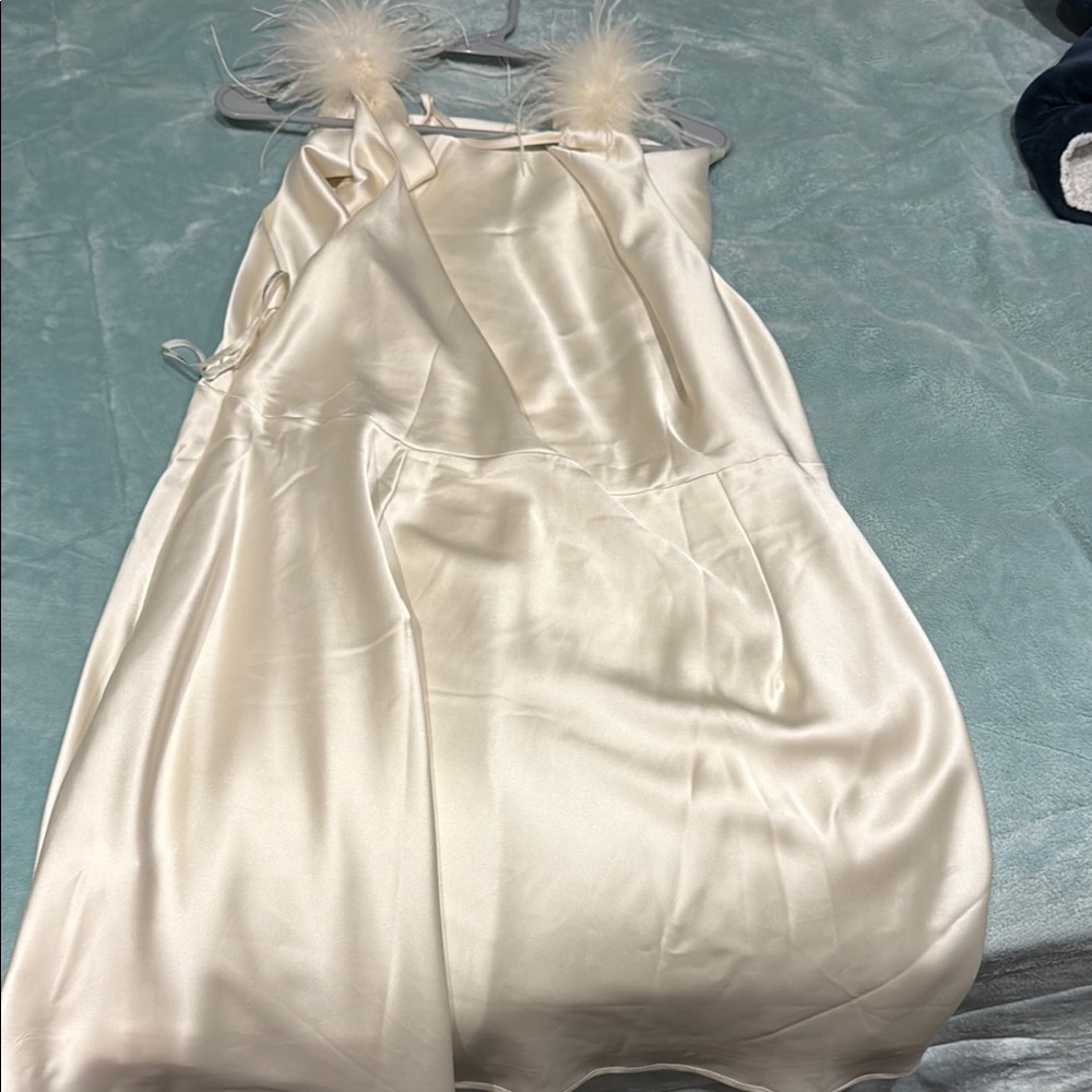Elegant Cream Satin Slip Dress with Feather Straps